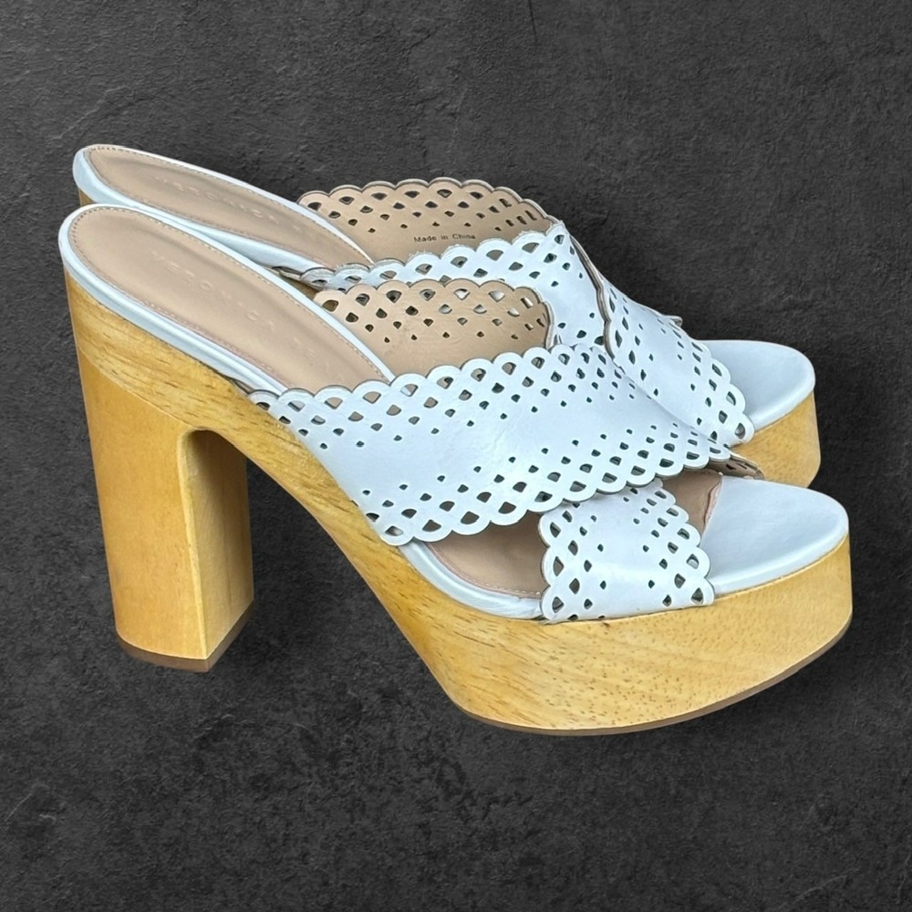 Veronica Beard Laser Cut Leather Platform Mule Sandals Womens 8M Boho Resortwear - Picture 2 of 11
